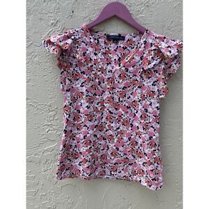 Tommy Hilfiger Pink Floral Flutter Sleeve V-Neck Blouse Top Womens Medium